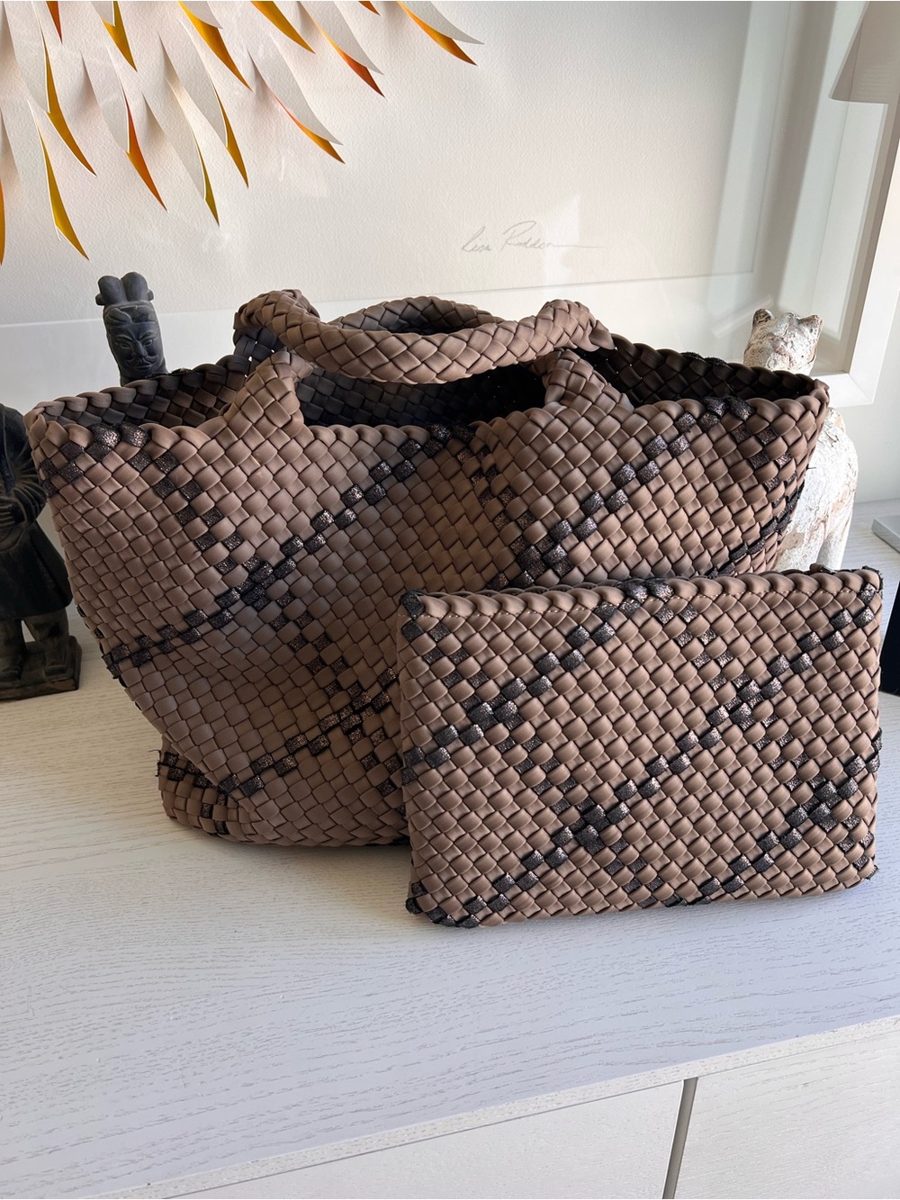 Naghedi Brown Woven Top-Handle Tote with Dark Accent Weave- St Barths- Medium - Picture 7 of 10